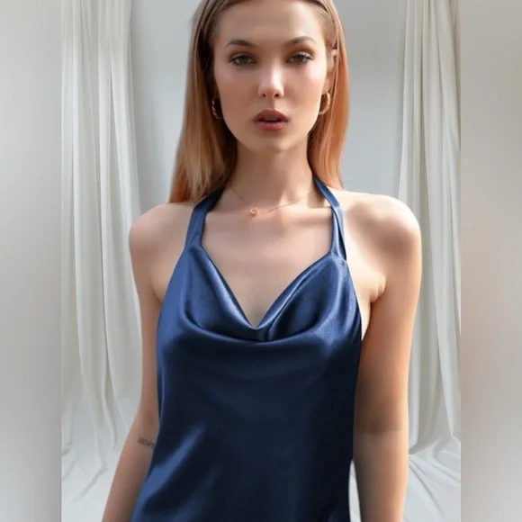 Navy Draped Cowl Neck Satin Sleeveless Dress - Picture 7 of 12